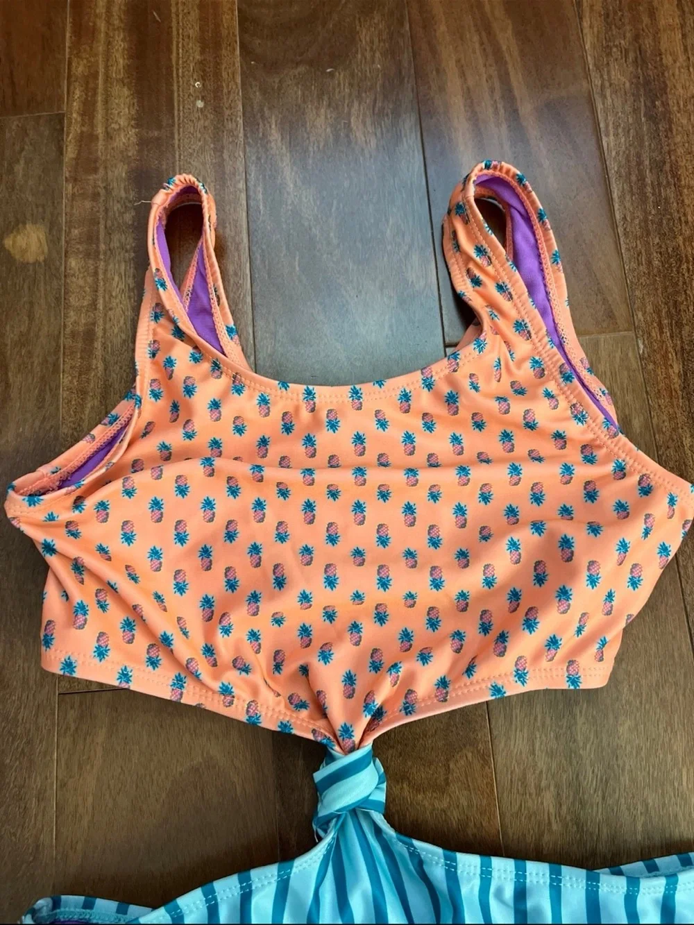 Two-Tone Knot Front Girls' Swimsuit - Orange Pineapple Top & Teal Striped Bottom